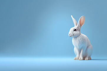 White easter bunny rabbit sitting in clean baby light blue background with copy space. Generative ai