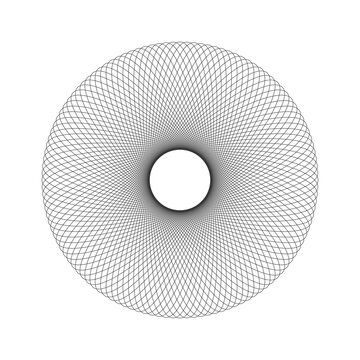 Concentric ornament texture. Harmonic symmetric wireframe element. Spirograph template. Round guilloche shape isolated on white background