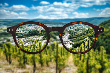 Concept Eye glasses against ametropia sightseeing Moselle valley
