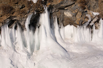 frozen grotto and pure ice winter lake Baikal Olkhon island Siberia Russia.