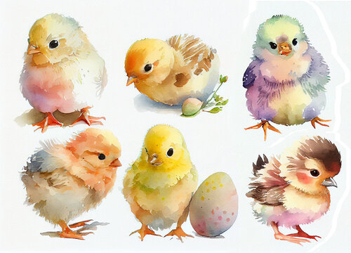 Happy Easter Cute Yellow Chickens set, watercolor Generative AI illustration