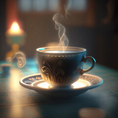 Fototapeta premium Cup of classic coffee on a table in a retro room, warm environment. AI generative