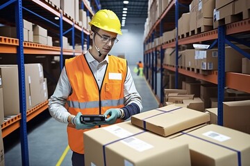 Logistics company workers scan packages. Ai generated.