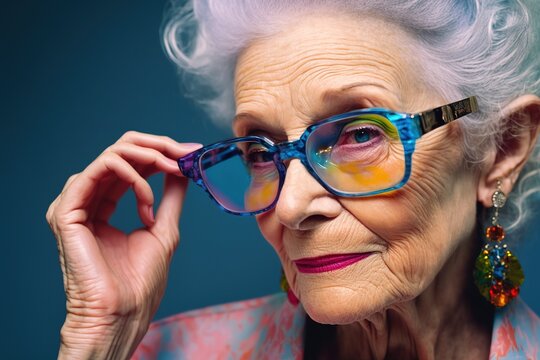 An elderly model woman fashionably poses in colored glasses. Ai generated.