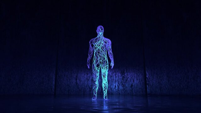 Artificial intelligence creation concept. In a certain space, neon lines create a human shape, a connection between man and machine.