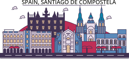 Spain, Santiago De Compostela tourism landmarks, vector city travel illustration - obrazy, fototapety, plakaty