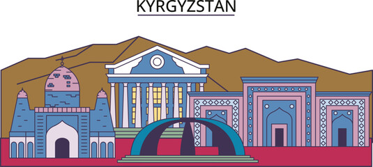 Kyrgyzstan tourism landmarks, vector city travel illustration