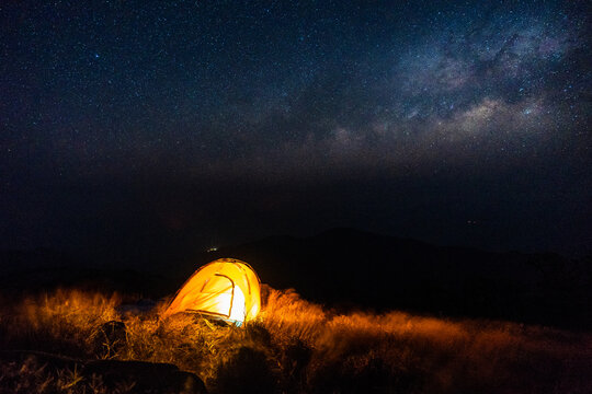 Camping at mount Mulayit or Muleh Yit at night, Myanmar