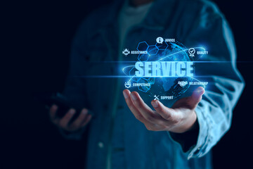 Business service online digital technology. Businessman touching digital globe hologram. Quality business relationship. customer service advice and support. Technology robot assistance online services