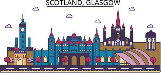 Scotland, Glasgow City tourism landmarks, vector city travel illustration