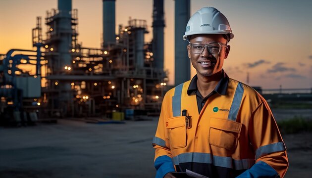 Smiling full-body refinery engineer working and conversing in front of an industrial oil and gas plant, oil refinery industry, Generative AI