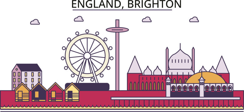 United Kingdom, Brighton tourism landmarks, vector city travel illustration