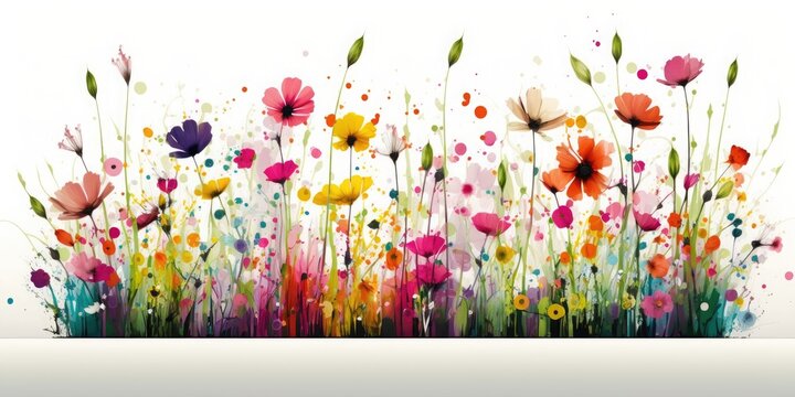 Panorama of beautiful spring flowers on a white background. Generative AI