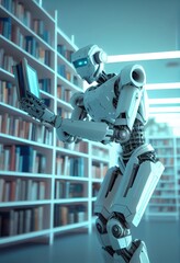 Self educating artificial intelligence. Machine learning concept. Robot studying, writing code and reading books in library. AI and Neural network development. 