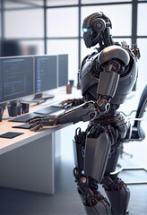 Naklejka premium Self educating artificial intelligence. Machine learning and future concept. Robot studying, writing code and working on laptop. AI and Neural network development. Robots work instead of people. 