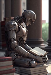 
Self educating artificial intelligence. Machine learning concept. Robot studying, writing code and reading books in library. AI and Neural network development. 