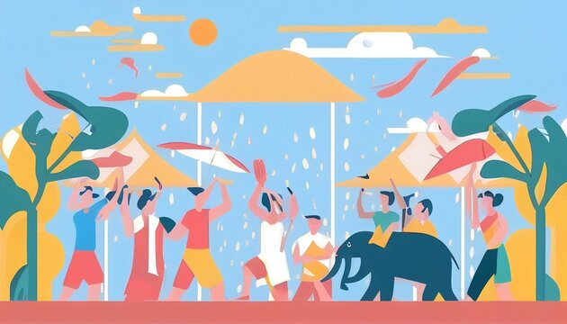 Thailand New Year, Songkran Festival People celebrating and throwing water on each other, illustration Generative AI, flat design © tongpatong