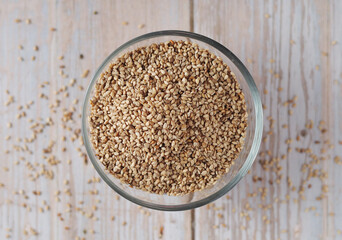 Sesame seeds in a small glass bowl