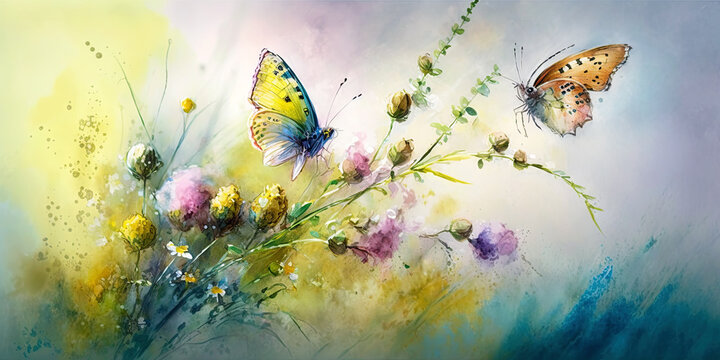 Watercolor painting of a spring meadow full of blooming flowers and butterflies. Spring aquarelle wallpaper. generative ai. Floral background