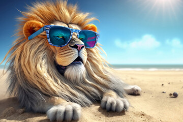 lion with glasses on the beach