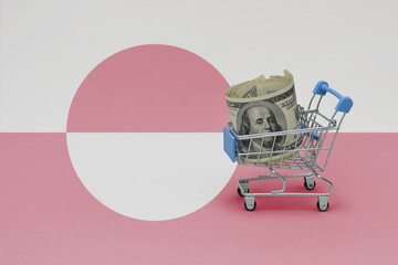 Metal shopping basket with dollar money banknote on the national flag of greenland background....