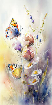 Watercolor painting of a spring meadow full of blooming flowers and butterflies. Spring aquarelle wallpaper. generative ai. Floral background 