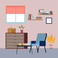Interior design living room. Furniture in regular home with no people. Houseplant in pot, books and folders on wall shelf, chair, coffee table, chest of drawers, interior elements on beige background