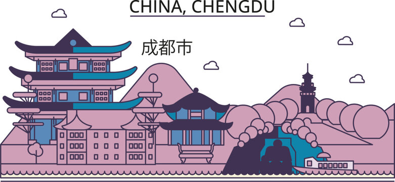 China, Chengdu tourism landmarks, vector city travel illustration