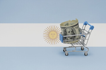 Metal shopping basket with dollar money banknote on the national flag of argentina background....