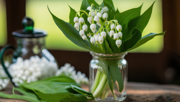 Bouquet de muguet dans un vase, brin porte bonheur, tradition du 1er mai, f&ecirc;te du travail