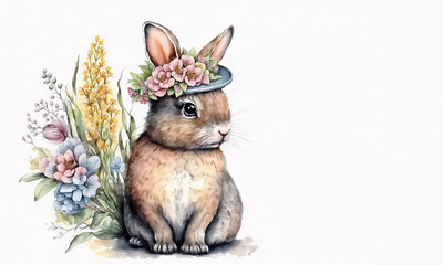 Easter bunny, eggs and flowers watercolor, Generative AI