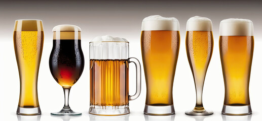 Glass glasses of different shapes with light and dark beer on a white background. Generative ai.