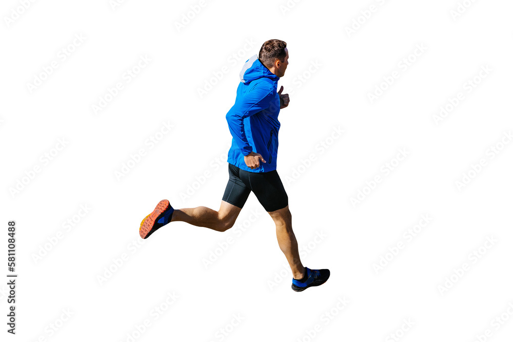 Wall mural male runner in blue windbreaker and black tights running, cut silhouette on transparent background, 