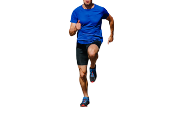 muscular male runner in blue shirt and black tights running, front view, cut silhouette on transparent background, sports photo