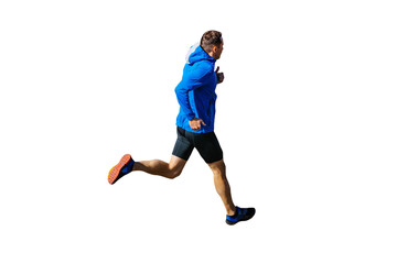 Fototapeta na wymiar male runner in blue windbreaker and black tights running, cut silhouette on transparent background, sports photo
