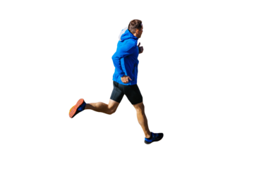 male runner in blue windbreaker and black tights running, cut silhouette on transparent background, sports photo