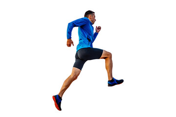 Fototapeta na wymiar athlete runner in blue windbreaker and black tights running uphill, cut silhouette on transparent background, sports photo