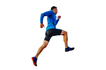 athlete runner in blue windbreaker and black tights running uphill, cut silhouette on transparent background, sports photo
