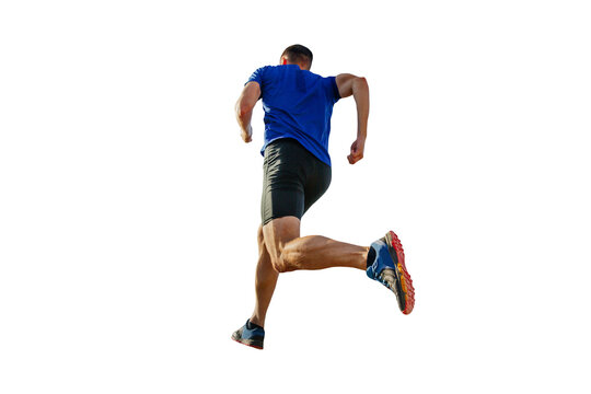 back athlete runner in blue shirt and black tights running mountain, cut silhouette on transparent background, sports photo
