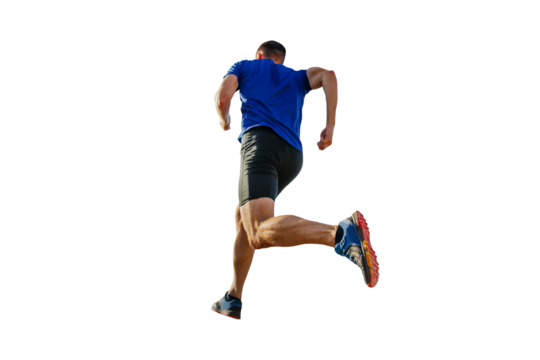 back athlete runner in blue shirt and black tights running mountain, cut silhouette on transparent background, sports photo - Powered by Adobe