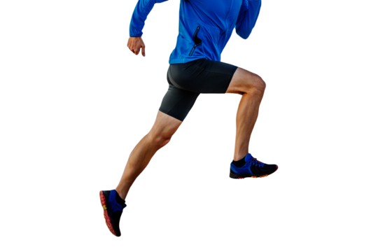 male runner in blue windbreaker and black tights running uphill, cut silhouette on transparent background, sports photo