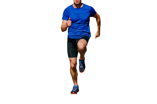 muscular male runner in blue shirt and black tights running, front view, cut silhouette on transparent background, sports photo