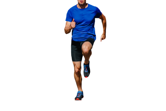 muscular male runner in blue shirt and black tights running, front view, cut silhouette on transparent background, sports photo - Powered by Adobe