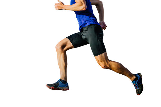 athlete runner in blue shirt and black tights running uphill, cut silhouette on transparent background, sports photo
