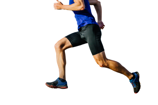 athlete runner in blue shirt and black tights running uphill, cut silhouette on transparent background, sports photo