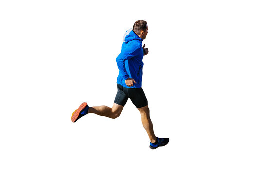 male runner in blue windbreaker and black tights running, cut silhouette on transparent background, sports photo