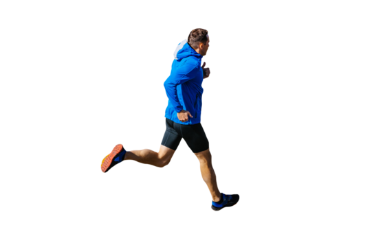 male runner in blue windbreaker and black tights running, cut silhouette on transparent background, sports photo