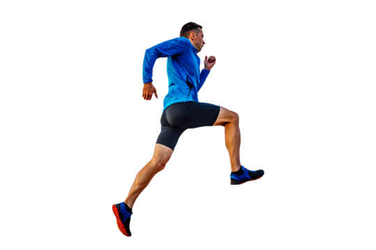 athlete runner in blue windbreaker and black tights running uphill, cut silhouette on transparent background, sports photo