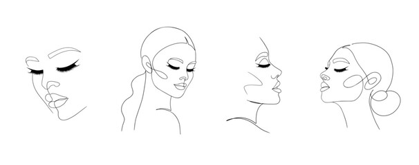 One Line drawing of set Woman's Face. Continuous line Portrait of a girl In a Minimalist Style, Vector Illustration, Hand drawn sketch of a girl