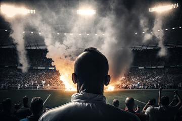 Generative AI image of unrecognizable man sitting in crowd and admiring bright show with smoke and burning bonfire during performance on stadium